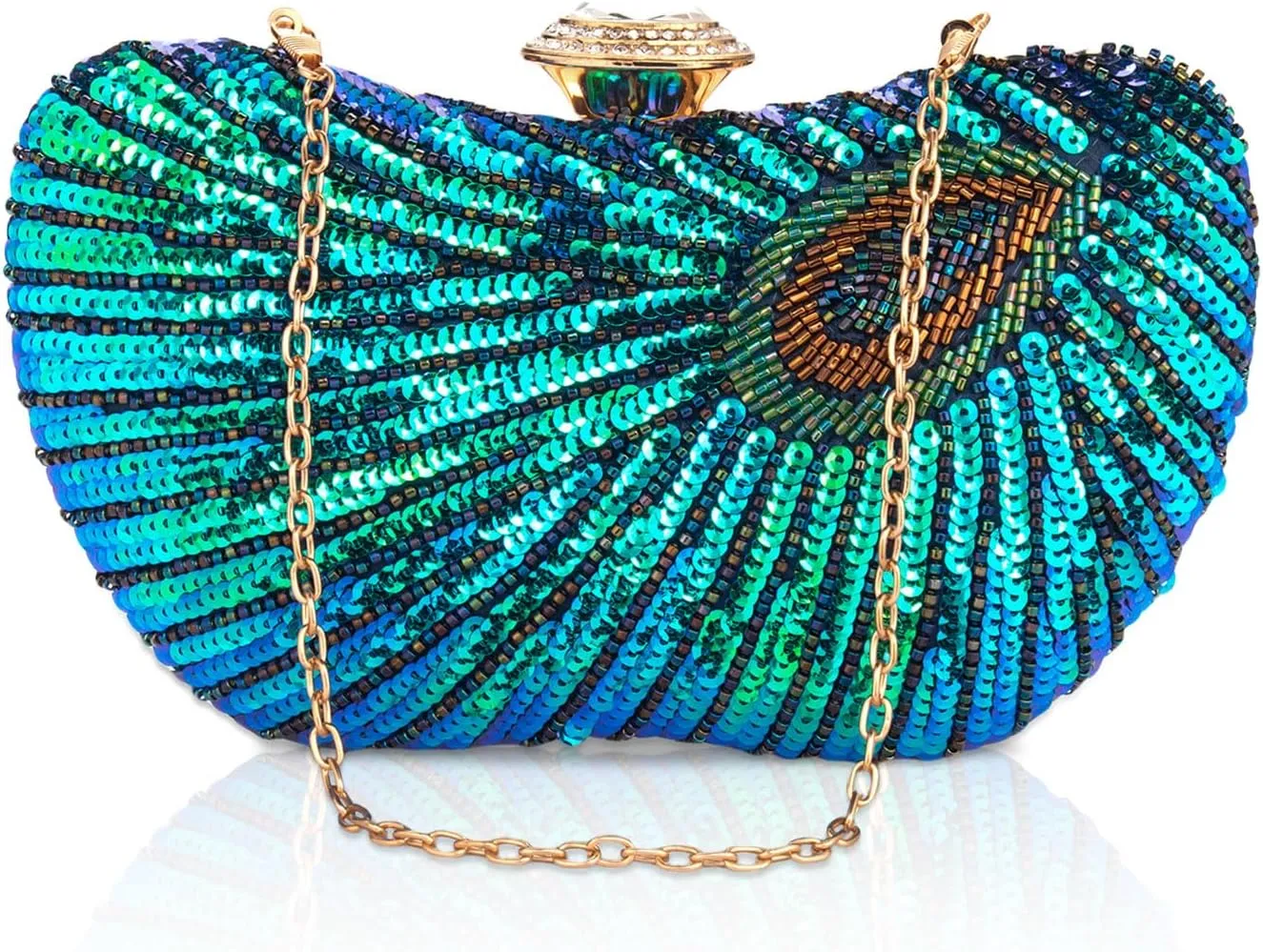 Peacock Clutch Purse Evening Handbags for Womens Vintage Crossbody Shoulder Bags Sequin Feather and Detachable Chains