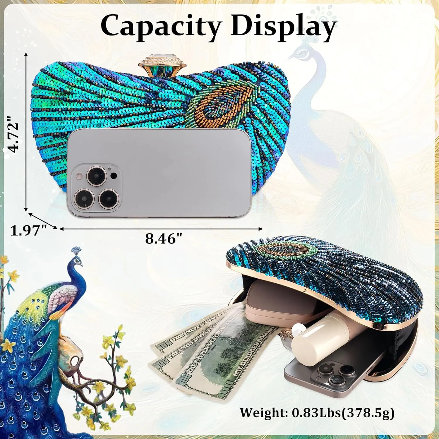 Peacock Clutch Purse Evening Handbags for Womens Vintage Crossbody Shoulder Bags Sequin Feather and Detachable Chains