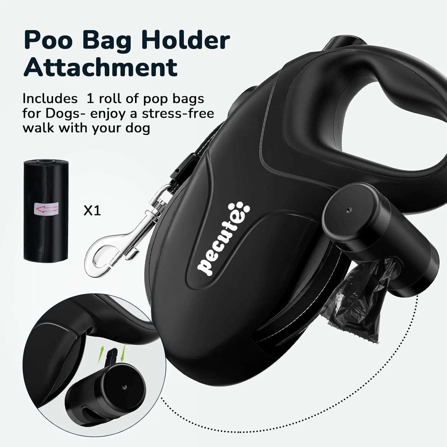 Pecute 32ft Retractable Dog Leash with Reflective Strips, 360° Tangle-Free, One-Button Control & Sturdiness Nylon Material, Long Leash Retractable with Poop Bag Holder for Medium Large Dog