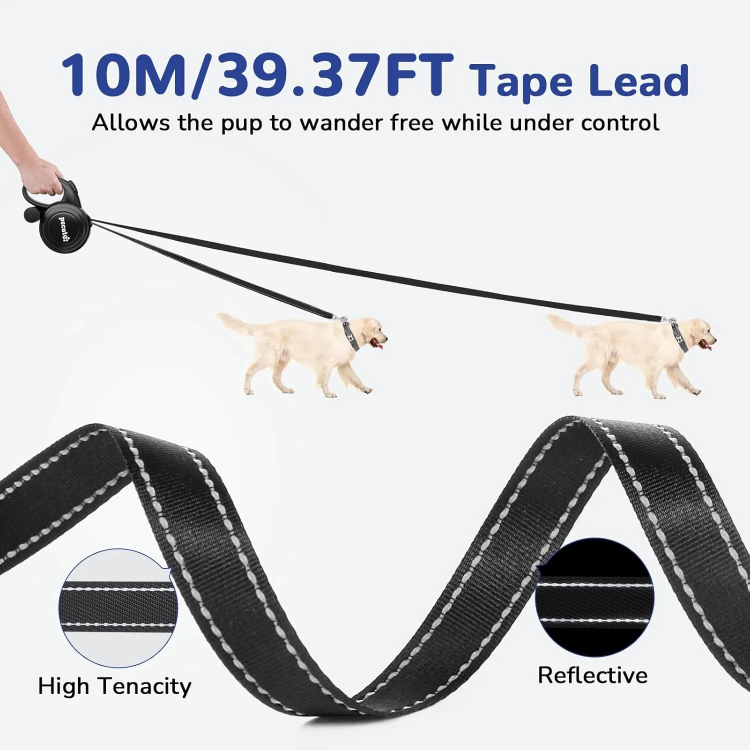 Pecute 32ft Retractable Dog Leash with Reflective Strips, 360° Tangle-Free, One-Button Control & Sturdiness Nylon Material, Long Leash Retractable with Poop Bag Holder for Medium Large Dog