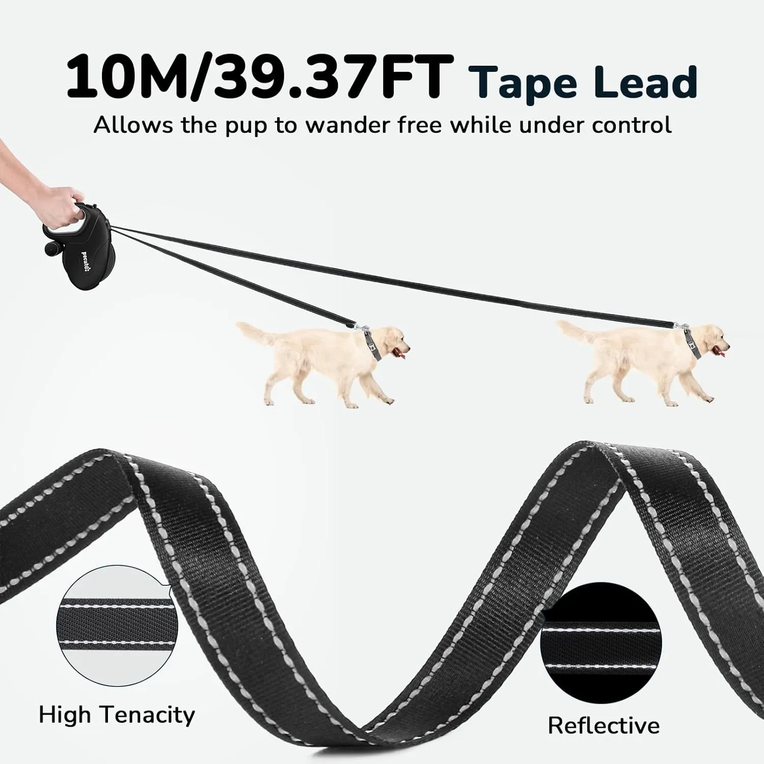 Pecute 32ft Retractable Dog Leash with Reflective Strips, 360° Tangle-Free, One-Button Control & Sturdiness Nylon Material, Long Leash Retractable with Poop Bag Holder for Medium Large Dog