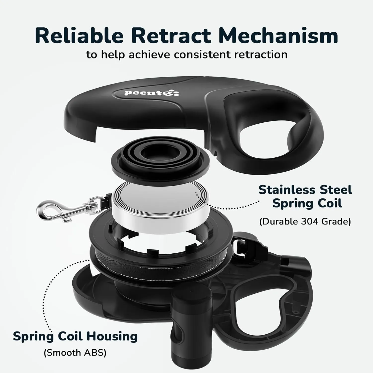 Pecute 32ft Retractable Dog Leash with Reflective Strips, 360° Tangle-Free, One-Button Control & Sturdiness Nylon Material, Long Leash Retractable with Poop Bag Holder for Medium Large Dog