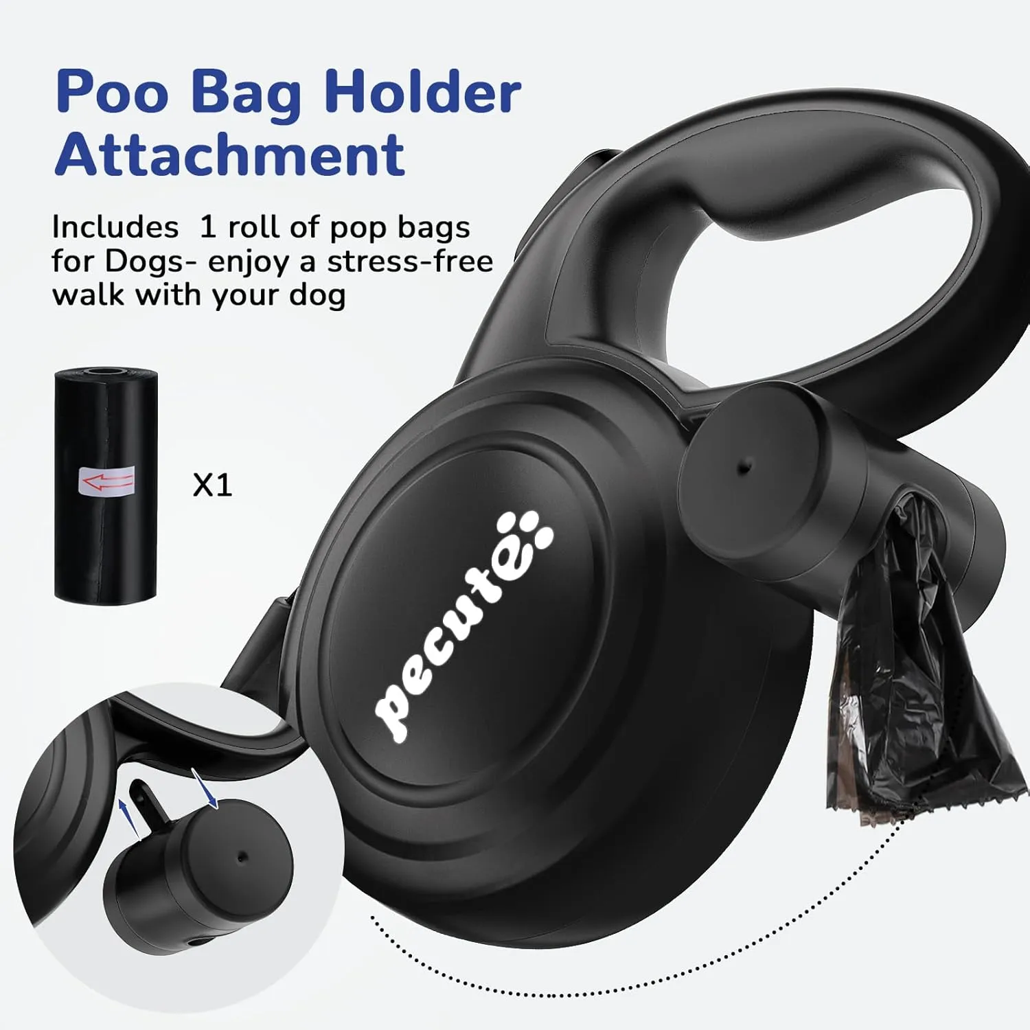 Pecute 32ft Retractable Dog Leash with Reflective Strips, 360° Tangle-Free, One-Button Control & Sturdiness Nylon Material, Long Leash Retractable with Poop Bag Holder for Medium Large Dog