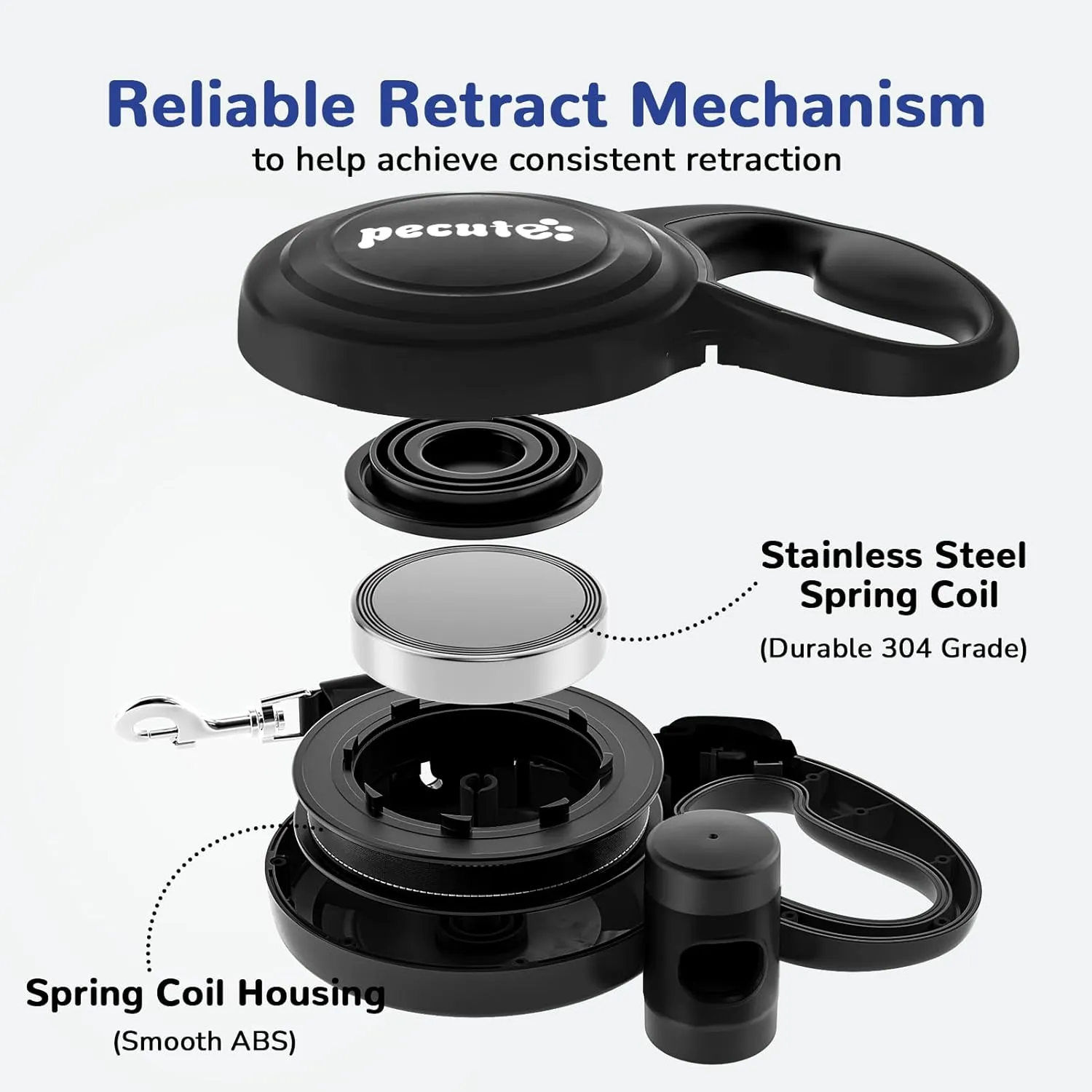 Pecute 32ft Retractable Dog Leash with Reflective Strips, 360° Tangle-Free, One-Button Control & Sturdiness Nylon Material, Long Leash Retractable with Poop Bag Holder for Medium Large Dog