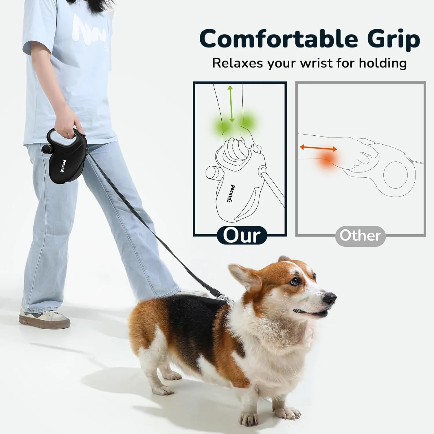 Pecute 32ft Retractable Dog Leash with Reflective Strips, 360° Tangle-Free, One-Button Control & Sturdiness Nylon Material, Long Leash Retractable with Poop Bag Holder for Medium Large Dog