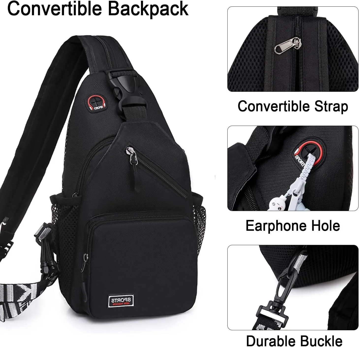 Peicees Convertible Sling Bag for Men Women Waterproof Sling Backpack Crossbody Shoulder Bag For Travel Hiking Cycling