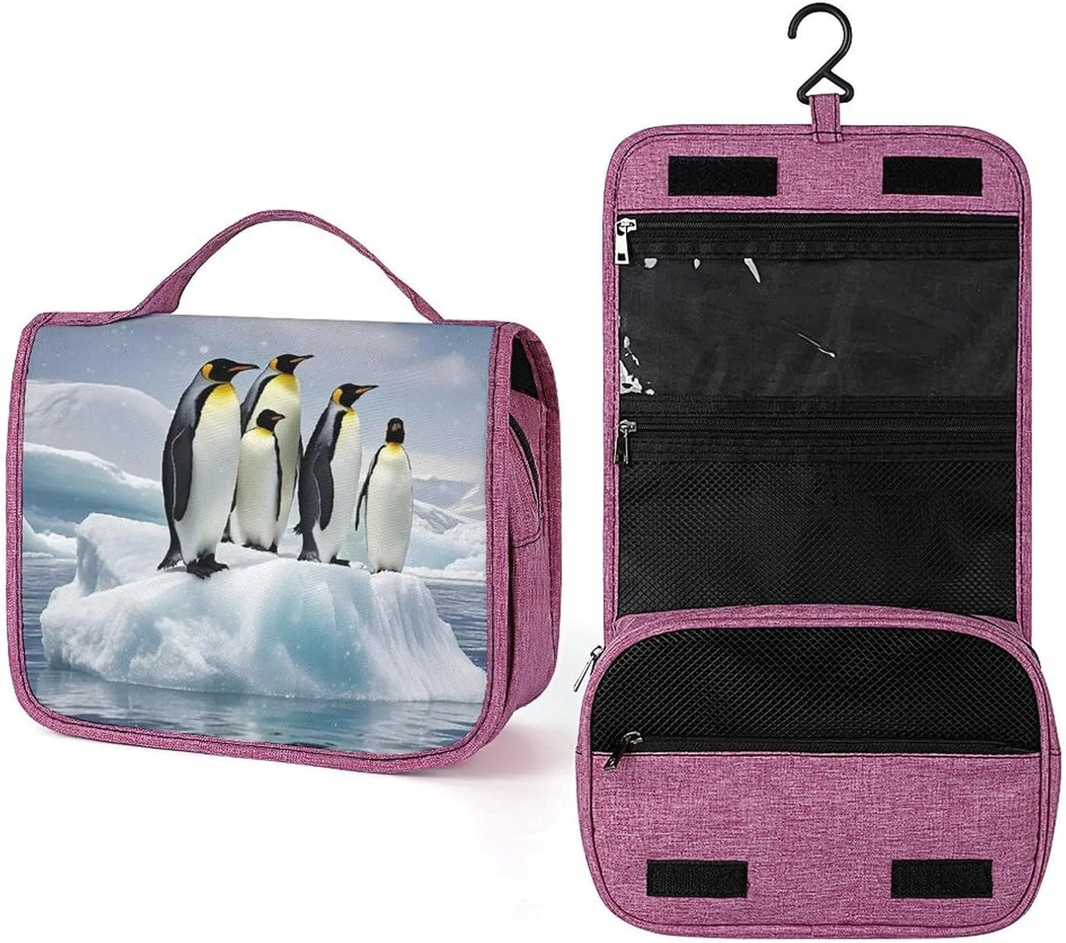 Penguins On The Iceberg Toiletry Bag Waterproof Makeup Bag with Hanging Hook Cosmetic Bags for Women Travel Essentials