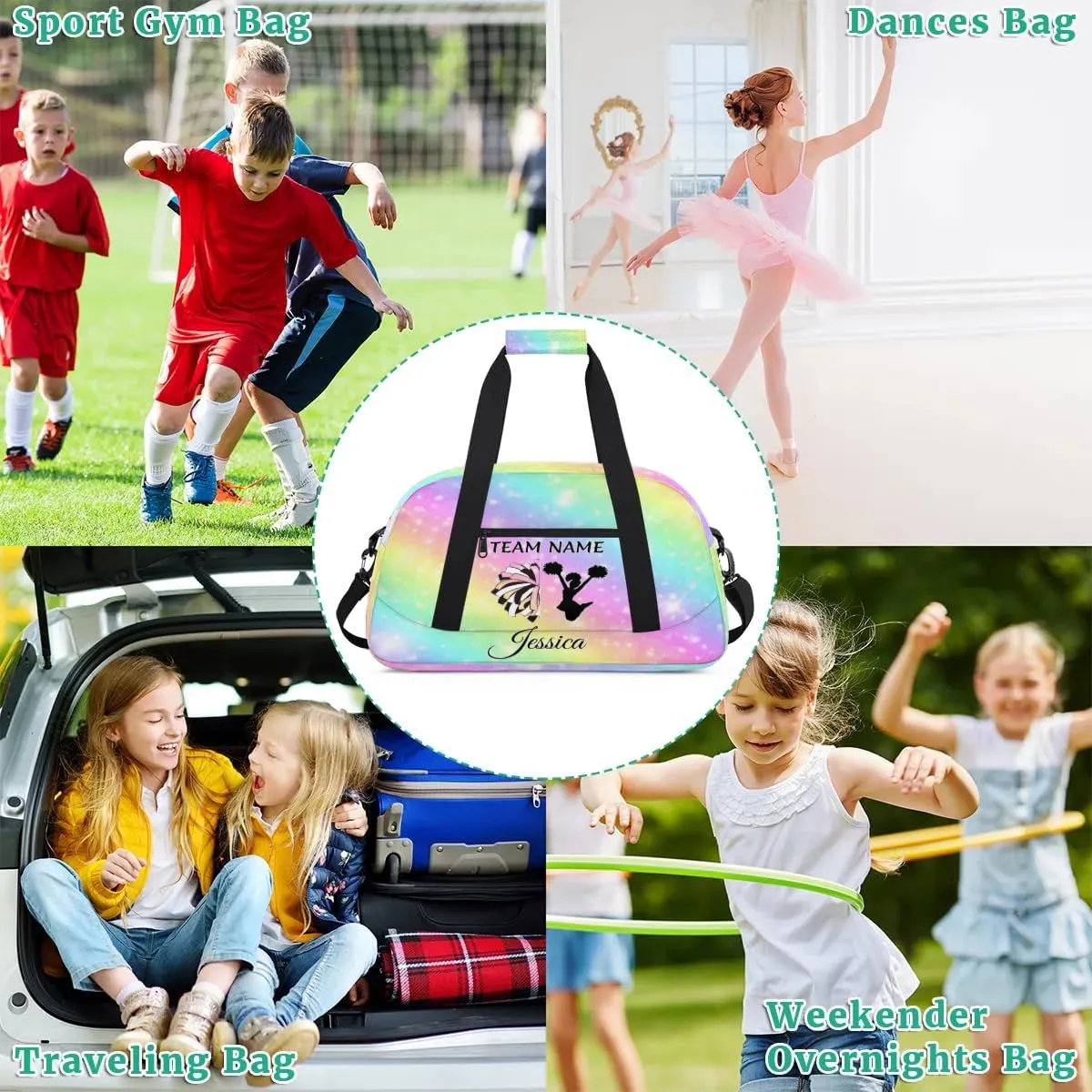 Personalised Cheer Sports Bags, Custom Cheerleader Silhouette Gym Duffle Bag Cheerleading Bags Travel Duffel Perform Training Bag, Overnight Weekender Bags, Glitter Rainbow Print