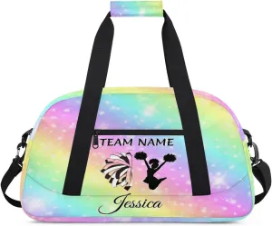 Personalised Cheer Sports Bags, Custom Cheerleader Silhouette Gym Duffle Bag Cheerleading Bags Travel Duffel Perform Training Bag, Overnight Weekender Bags, Glitter Rainbow Print