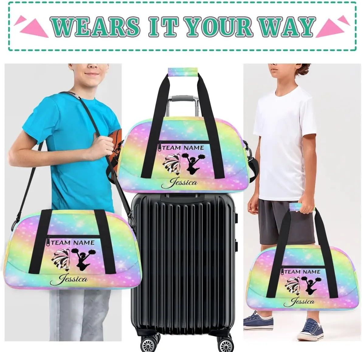 Personalised Cheer Sports Bags, Custom Cheerleader Silhouette Gym Duffle Bag Cheerleading Bags Travel Duffel Perform Training Bag, Overnight Weekender Bags, Glitter Rainbow Print