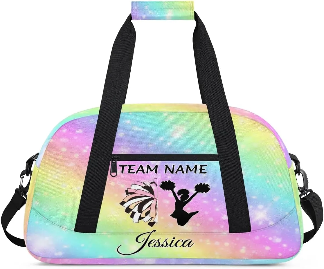 Personalised Cheer Sports Bags, Custom Cheerleader Silhouette Gym Duffle Bag Cheerleading Bags Travel Duffel Perform Training Bag, Overnight Weekender Bags, Glitter Rainbow Print
