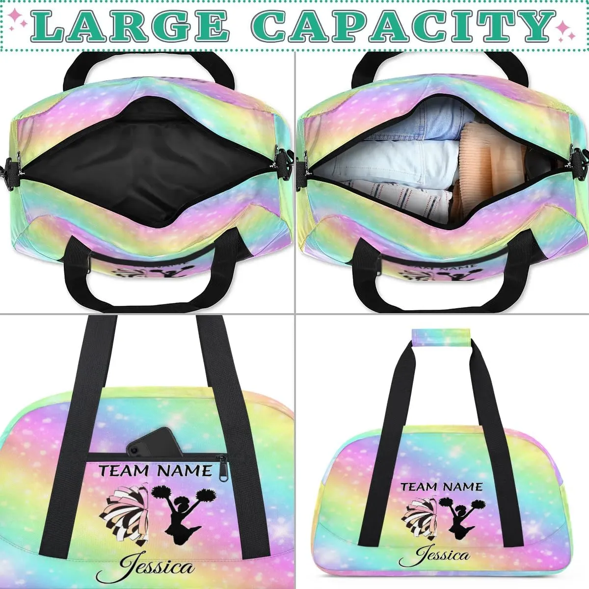 Personalised Cheer Sports Bags, Custom Cheerleader Silhouette Gym Duffle Bag Cheerleading Bags Travel Duffel Perform Training Bag, Overnight Weekender Bags, Glitter Rainbow Print