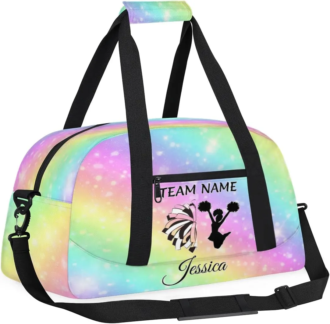 Personalised Cheer Sports Bags, Custom Cheerleader Silhouette Gym Duffle Bag Cheerleading Bags Travel Duffel Perform Training Bag, Overnight Weekender Bags, Glitter Rainbow Print