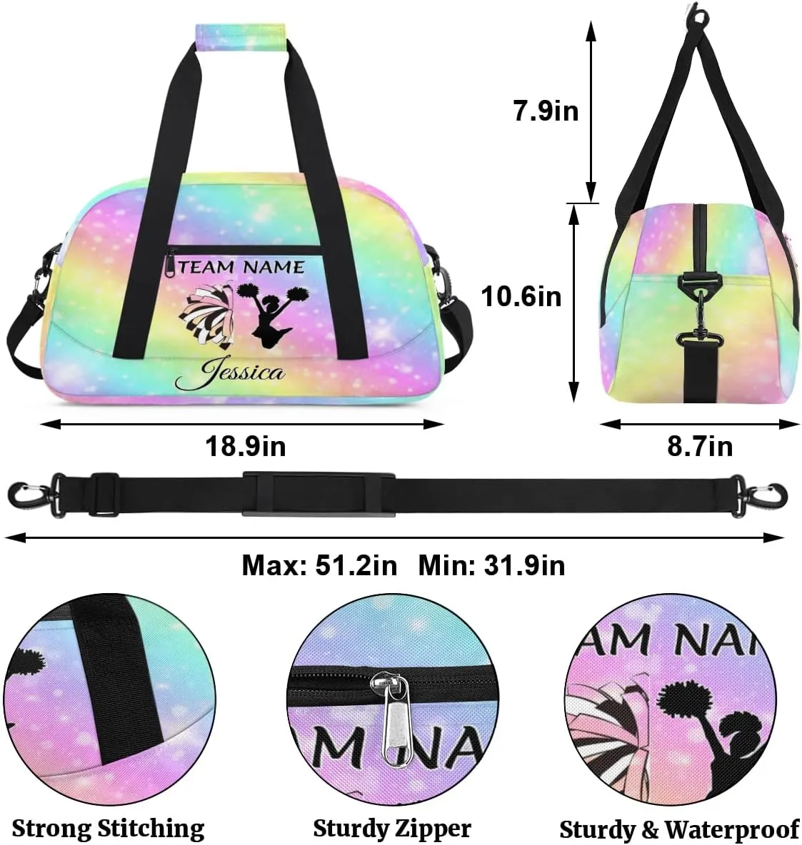 Personalised Cheer Sports Bags, Custom Cheerleader Silhouette Gym Duffle Bag Cheerleading Bags Travel Duffel Perform Training Bag, Overnight Weekender Bags, Glitter Rainbow Print