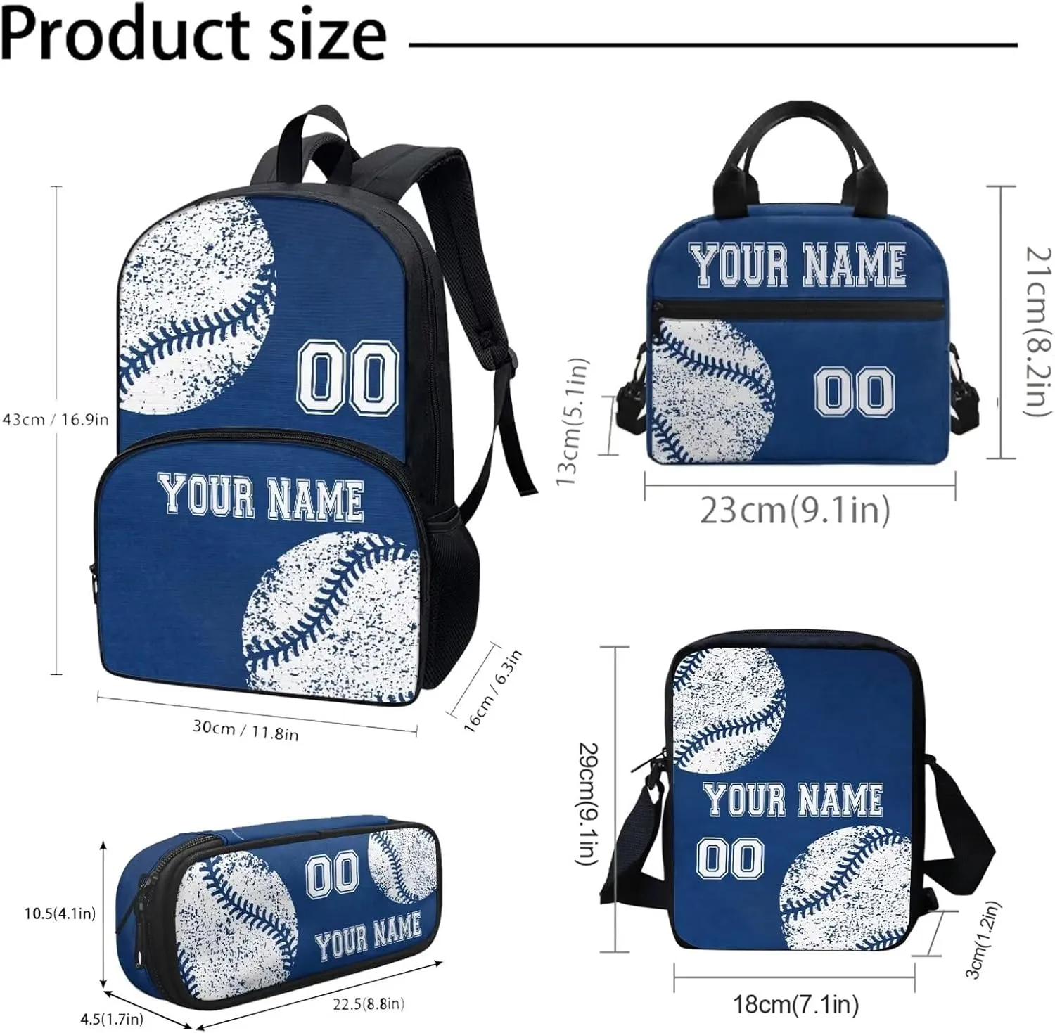 Personalized Baseball Style School Backpack Set for Girls Boys, 4Pcs Travel Cross-Body Bags Bookbag Insulated Lunch Bag Pencil Pouch Case, Blue