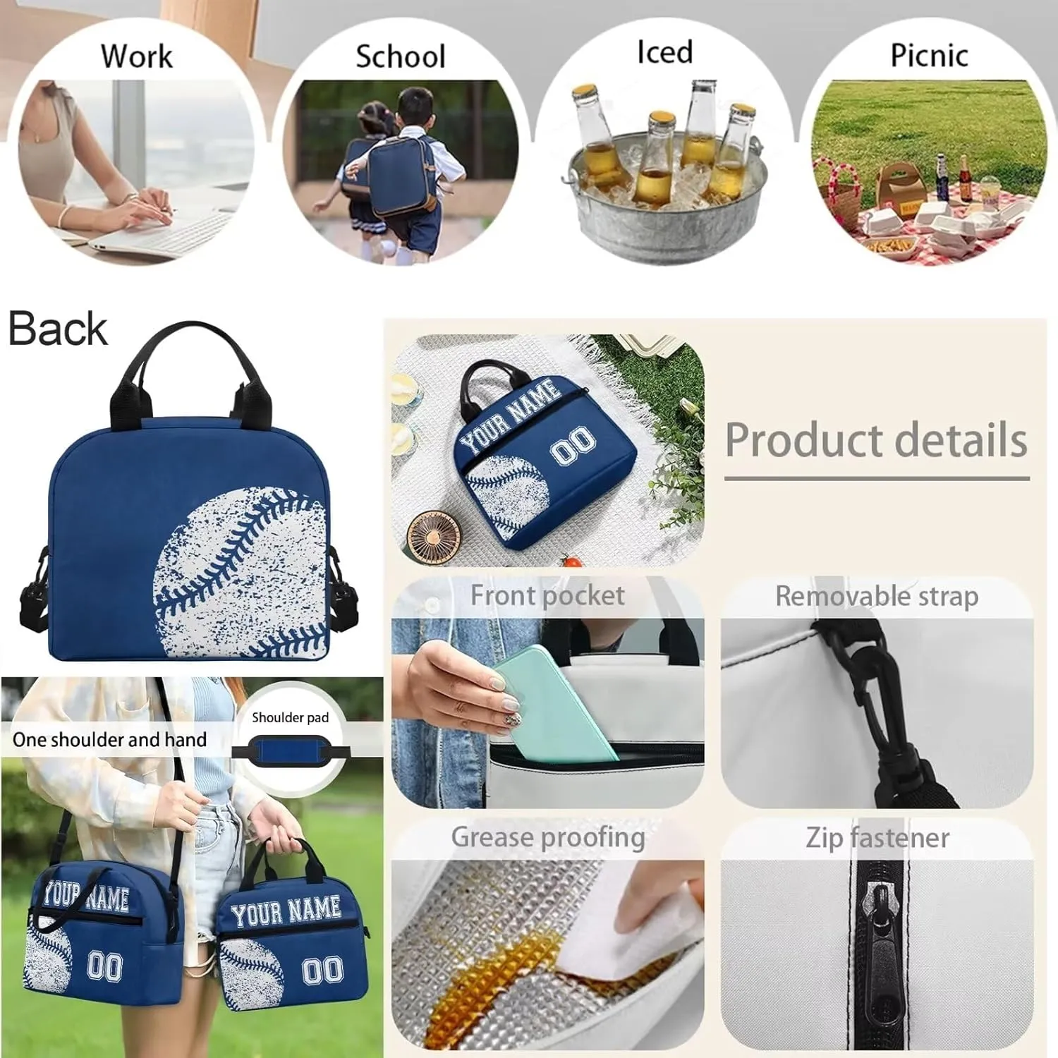 Personalized Baseball Style School Backpack Set for Girls Boys, 4Pcs Travel Cross-Body Bags Bookbag Insulated Lunch Bag Pencil Pouch Case, Blue