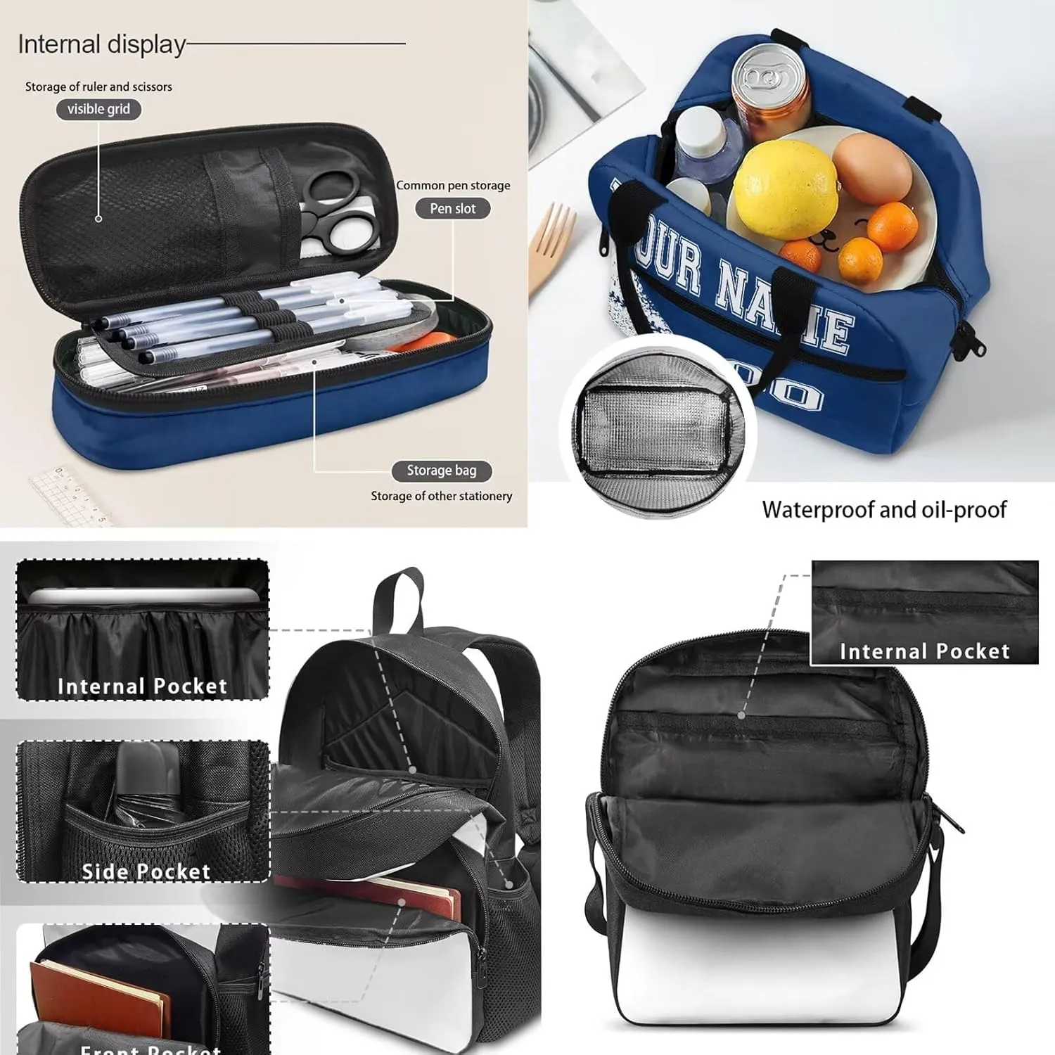 Personalized Baseball Style School Backpack Set for Girls Boys, 4Pcs Travel Cross-Body Bags Bookbag Insulated Lunch Bag Pencil Pouch Case, Blue