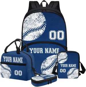 Personalized Baseball Style School Backpack Set for Girls Boys, 4Pcs Travel Cross-Body Bags Bookbag Insulated Lunch Bag Pencil Pouch Case, Blue