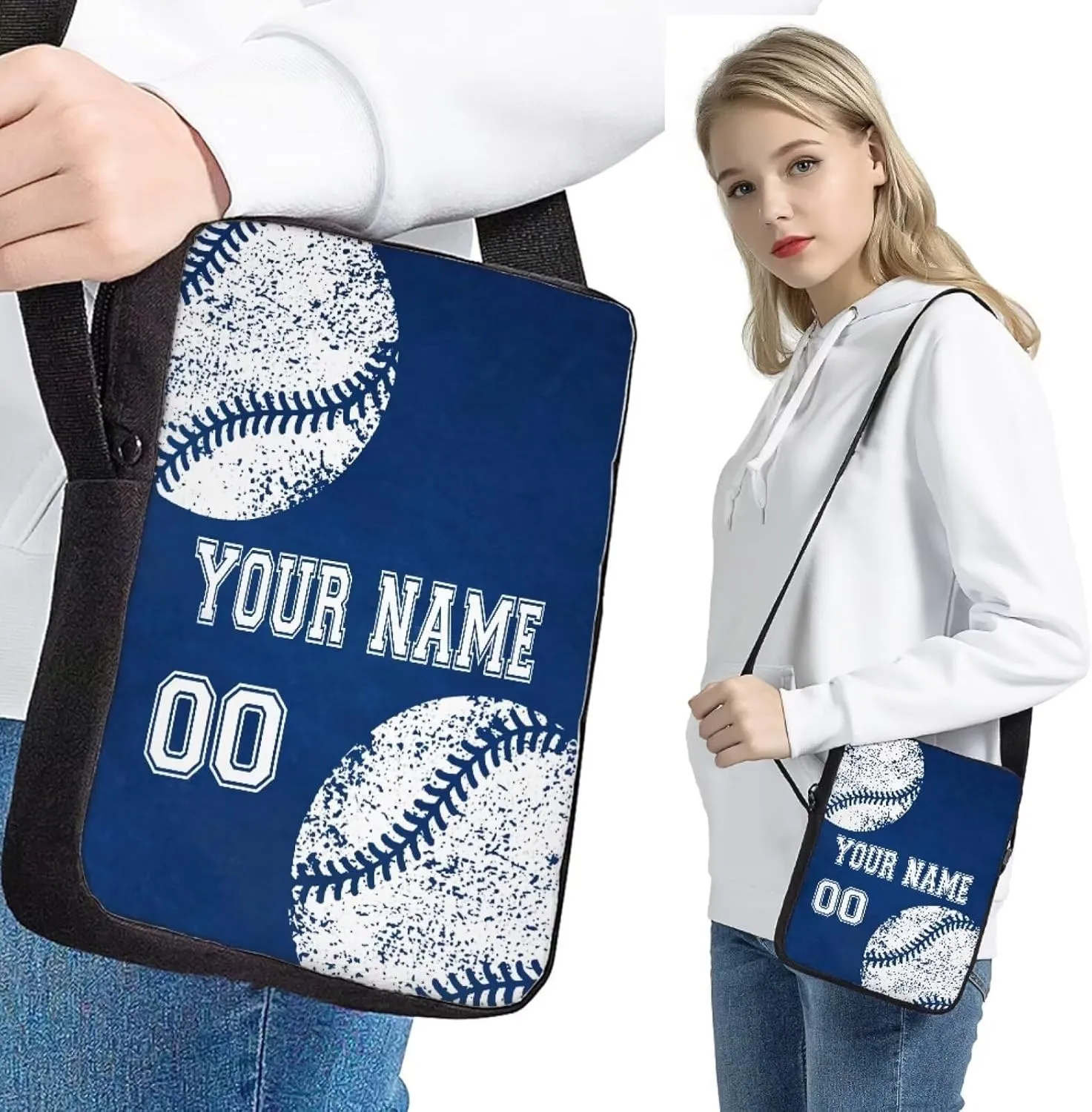 Personalized Baseball Style School Backpack Set for Girls Boys, 4Pcs Travel Cross-Body Bags Bookbag Insulated Lunch Bag Pencil Pouch Case, Blue