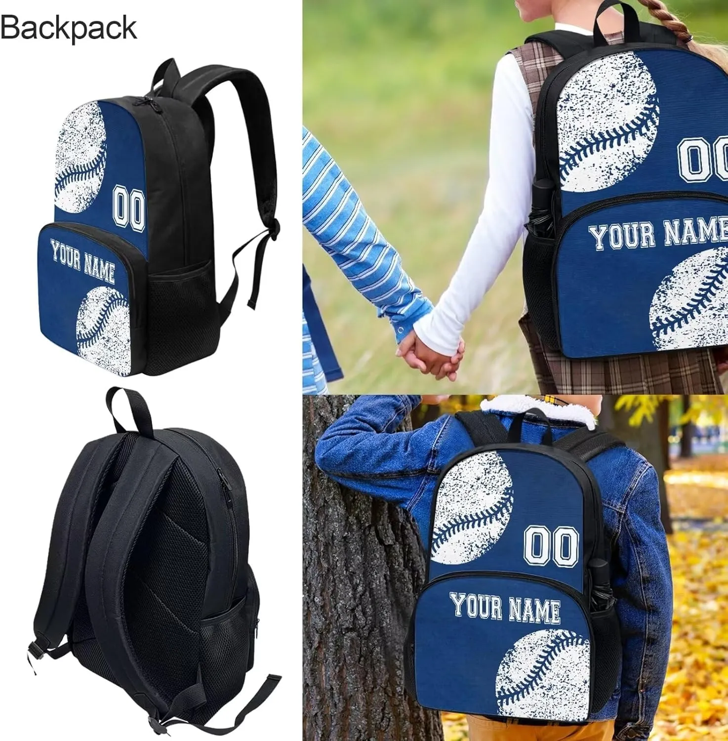 Personalized Baseball Style School Backpack Set for Girls Boys, 4Pcs Travel Cross-Body Bags Bookbag Insulated Lunch Bag Pencil Pouch Case, Blue