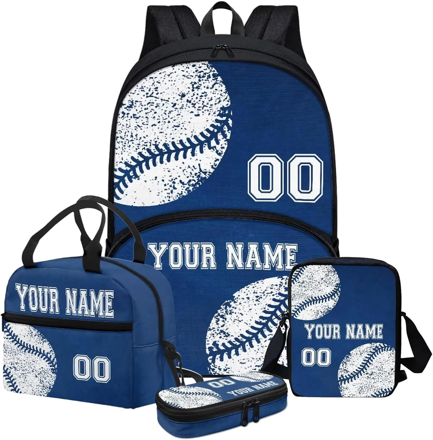 Personalized Baseball Style School Backpack Set for Girls Boys, 4Pcs Travel Cross-Body Bags Bookbag Insulated Lunch Bag Pencil Pouch Case, Blue