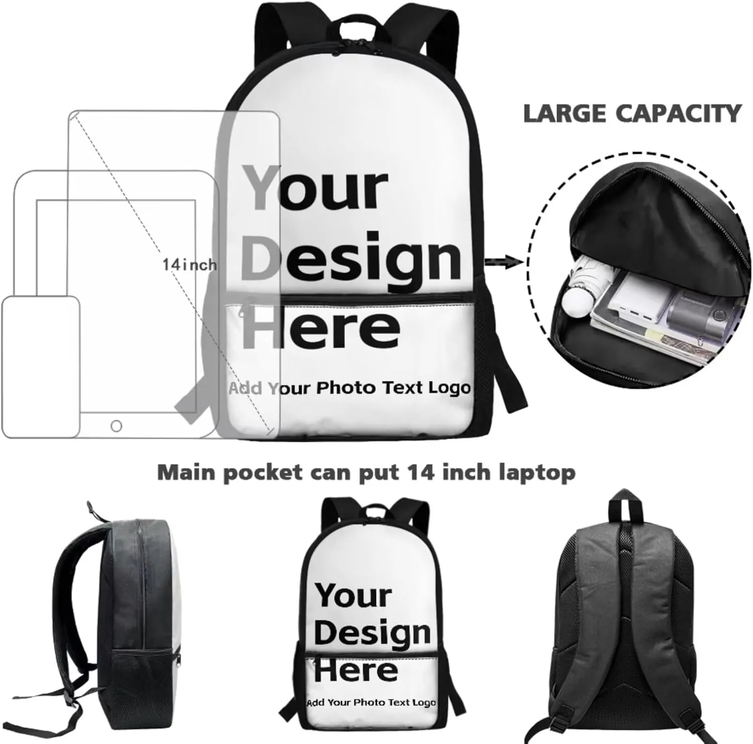 Personalized Custom Backpack and Lunchbox Set for Teen Girls Boys Big Capacity 3 in 1 School Bags Set for Student Kids for Primary Elementary Middle School Preschool Bookbag with Name Photo
