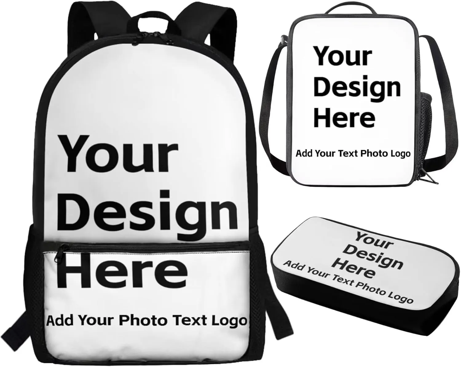 Personalized Custom Backpack and Lunchbox Set for Teen Girls Boys Big Capacity 3 in 1 School Bags Set for Student Kids for Primary Elementary Middle School Preschool Bookbag with Name Photo