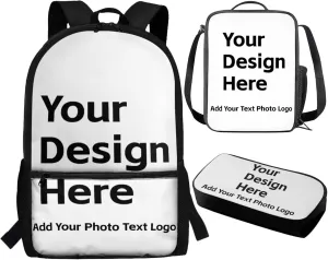 Personalized Custom Backpack and Lunchbox Set for Teen Girls Boys Big Capacity 3 in 1 School Bags Set for Student Kids for Primary Elementary Middle School Preschool Bookbag with Name Photo