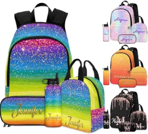 Personalized Kids Backpacks Color Rainbow Custom Bookbag Lunch Box Set for Girls Boys Toddler School Daypack with Name Back to School Elementary Travel Bag