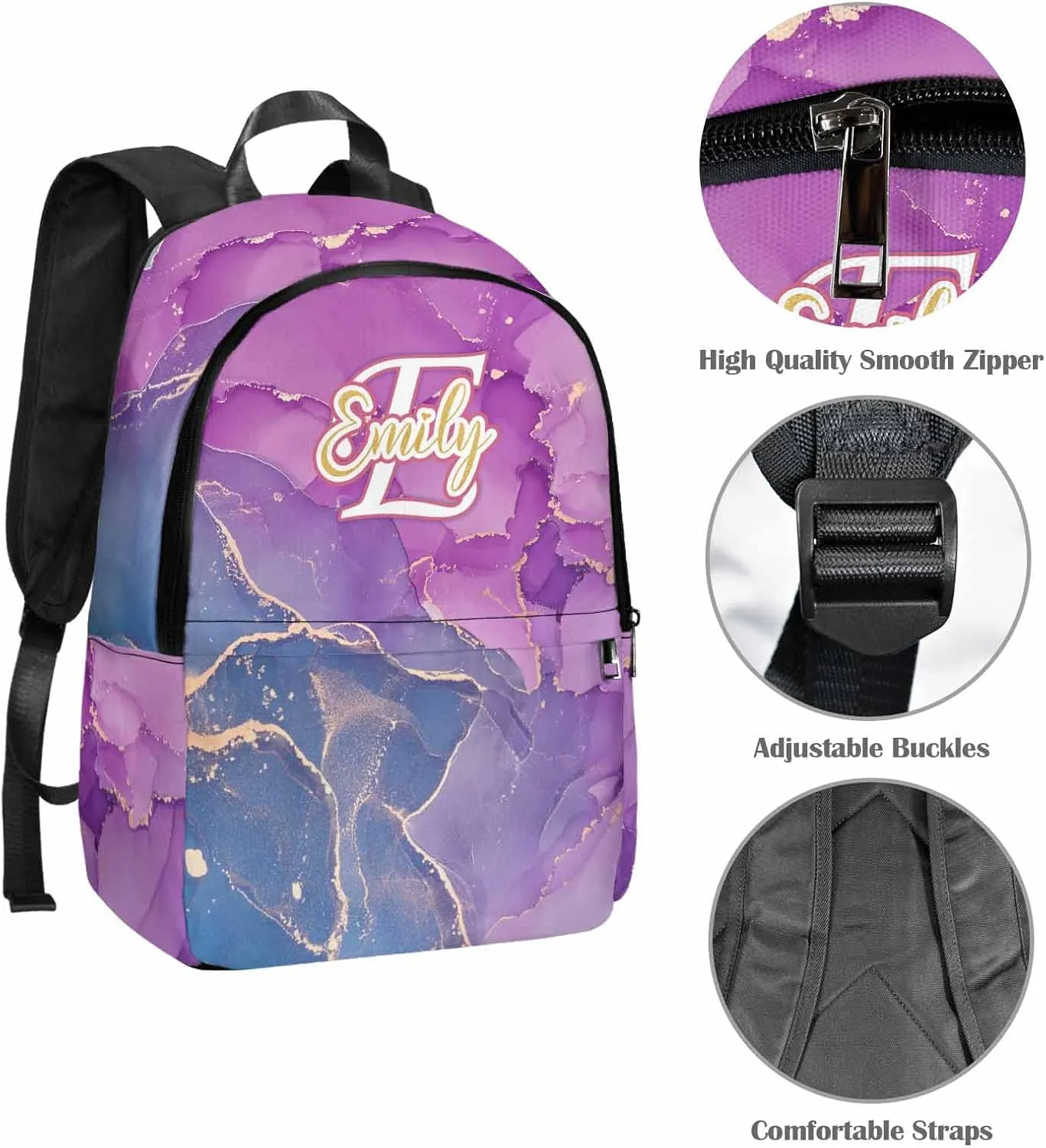 Personalized Kids Backpacks Girls Bookbags, Custom School Bags with Lunch Bag for Daughter Toddler Kids, Purple Color Casual Backpack Waterproof Book Bags for Preschool Elementary