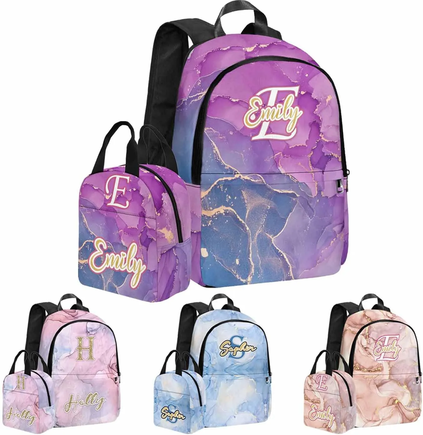 Personalized Kids Backpacks Girls Bookbags, Custom School Bags with Lunch Bag for Daughter Toddler Kids, Purple Color Casual Backpack Waterproof Book Bags for Preschool Elementary