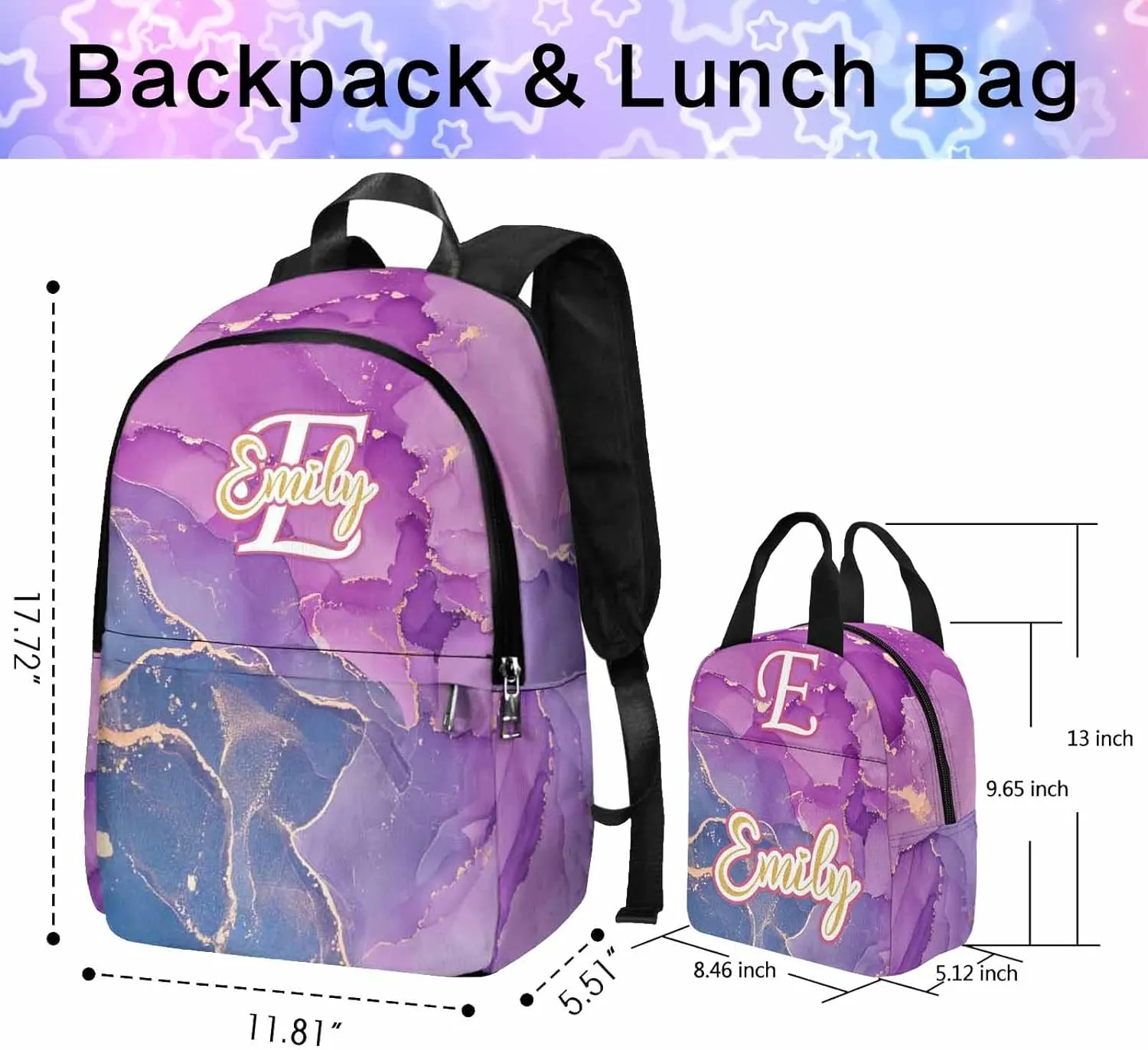 Personalized Kids Backpacks Girls Bookbags, Custom School Bags with Lunch Bag for Daughter Toddler Kids, Purple Color Casual Backpack Waterproof Book Bags for Preschool Elementary