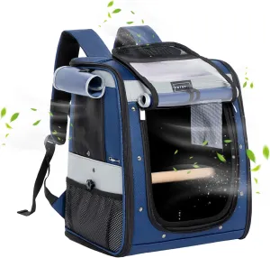Petsfit Bird Carrier with Anti-Pecking Band,Bird Backpack Carrier with 2 Level Height to Adjust Standing Perch and Shade Cover Blue