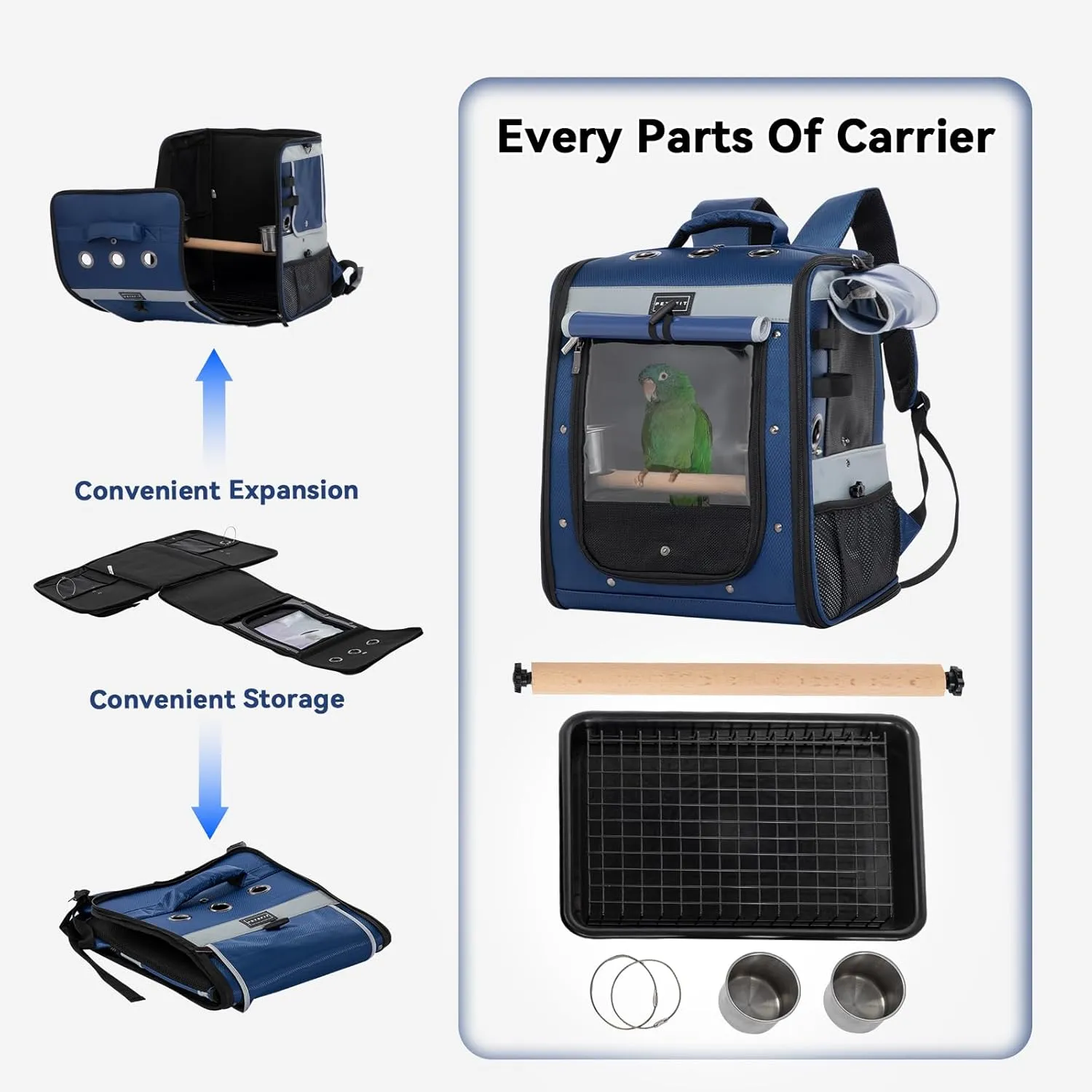Petsfit Bird Carrier with Anti-Pecking Band,Bird Backpack Carrier with 2 Level Height to Adjust Standing Perch and Shade Cover Blue