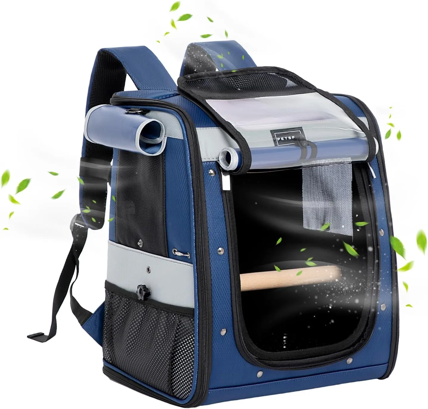 Petsfit Bird Carrier with Anti-Pecking Band,Bird Backpack Carrier with 2 Level Height to Adjust Standing Perch and Shade Cover Blue