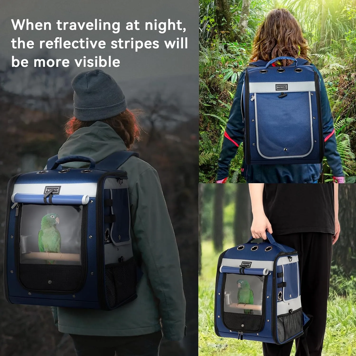 Petsfit Bird Carrier with Anti-Pecking Band,Bird Backpack Carrier with 2 Level Height to Adjust Standing Perch and Shade Cover Blue