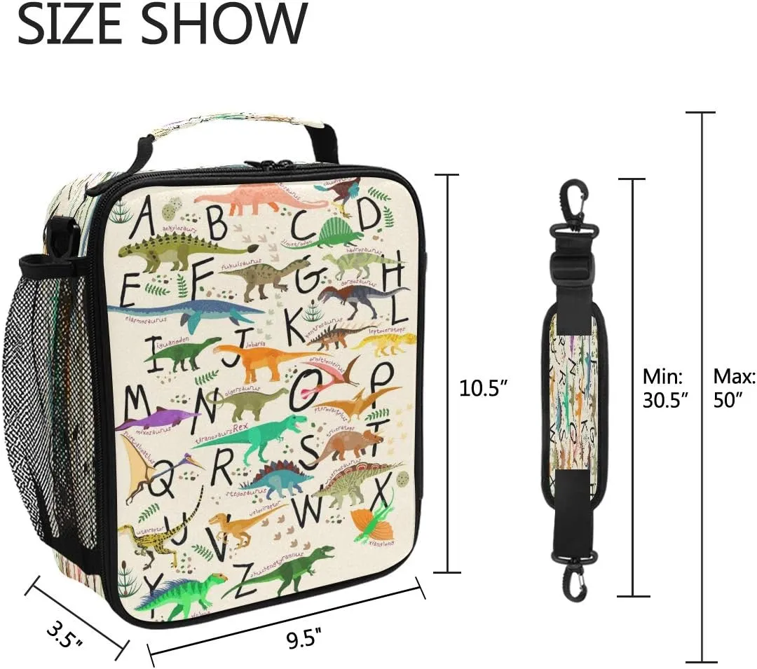 Pfrewn Dinosaur Lunch Box Alphabets With Dinosaurs Lunch Bag Insulated Reusable Cooler Meal Prep Bags Dino Animals Lunch Tote with Shoulder Strap for School Kids Boys Teens Office Adults