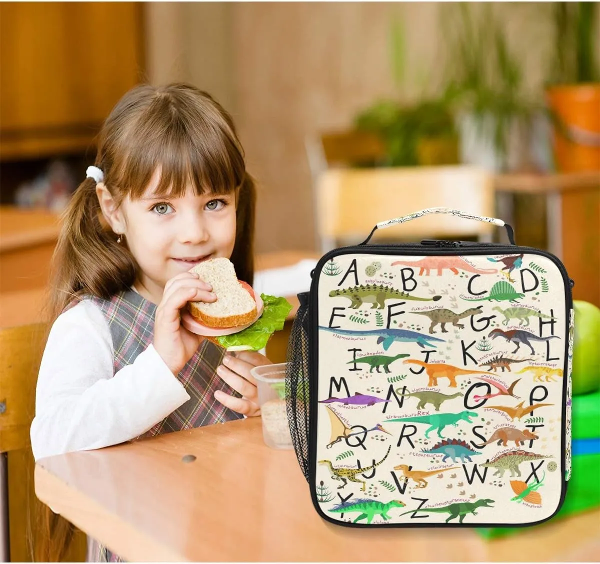 Pfrewn Dinosaur Lunch Box Alphabets With Dinosaurs Lunch Bag Insulated Reusable Cooler Meal Prep Bags Dino Animals Lunch Tote with Shoulder Strap for School Kids Boys Teens Office Adults