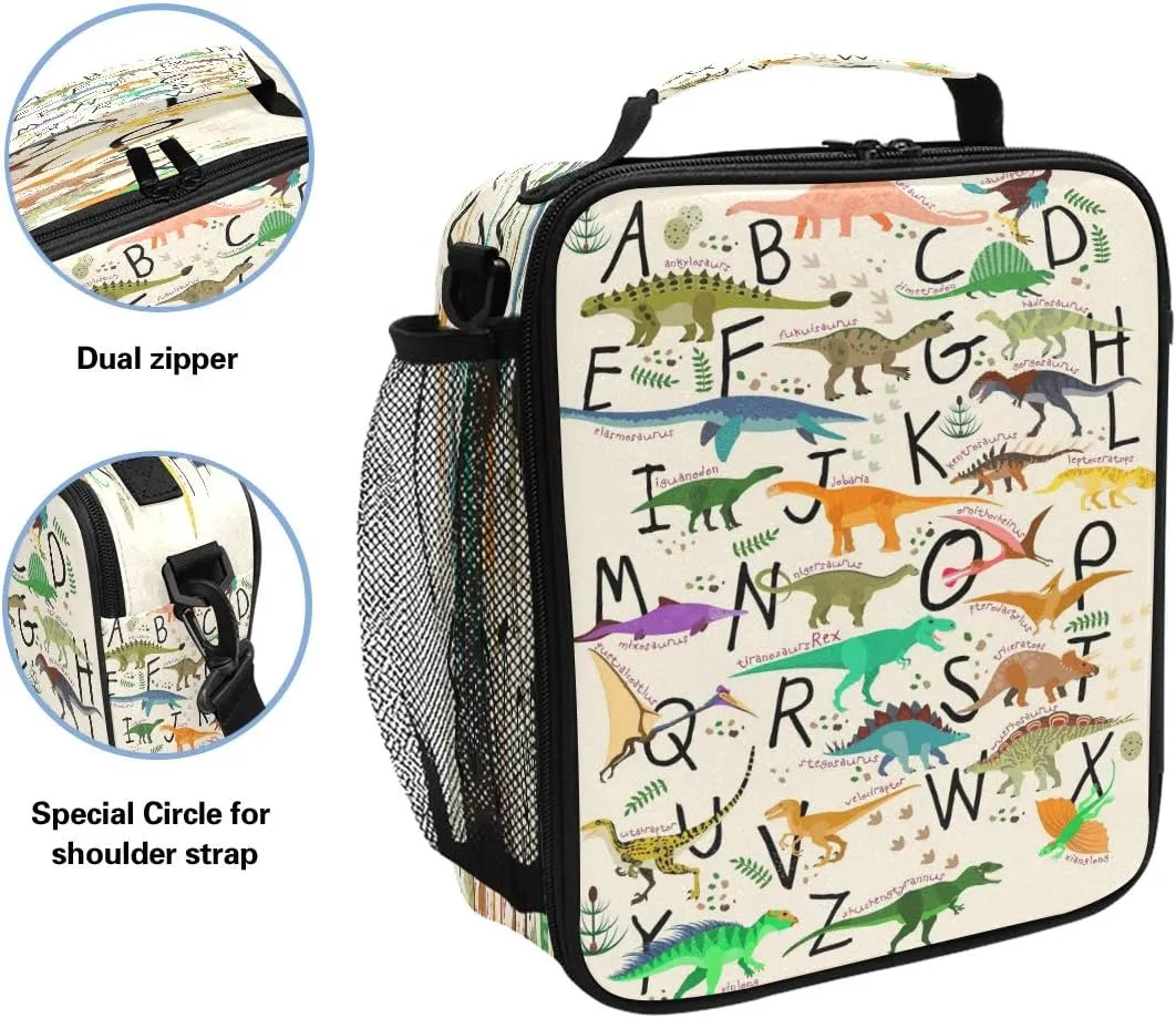 Pfrewn Dinosaur Lunch Box Alphabets With Dinosaurs Lunch Bag Insulated Reusable Cooler Meal Prep Bags Dino Animals Lunch Tote with Shoulder Strap for School Kids Boys Teens Office Adults