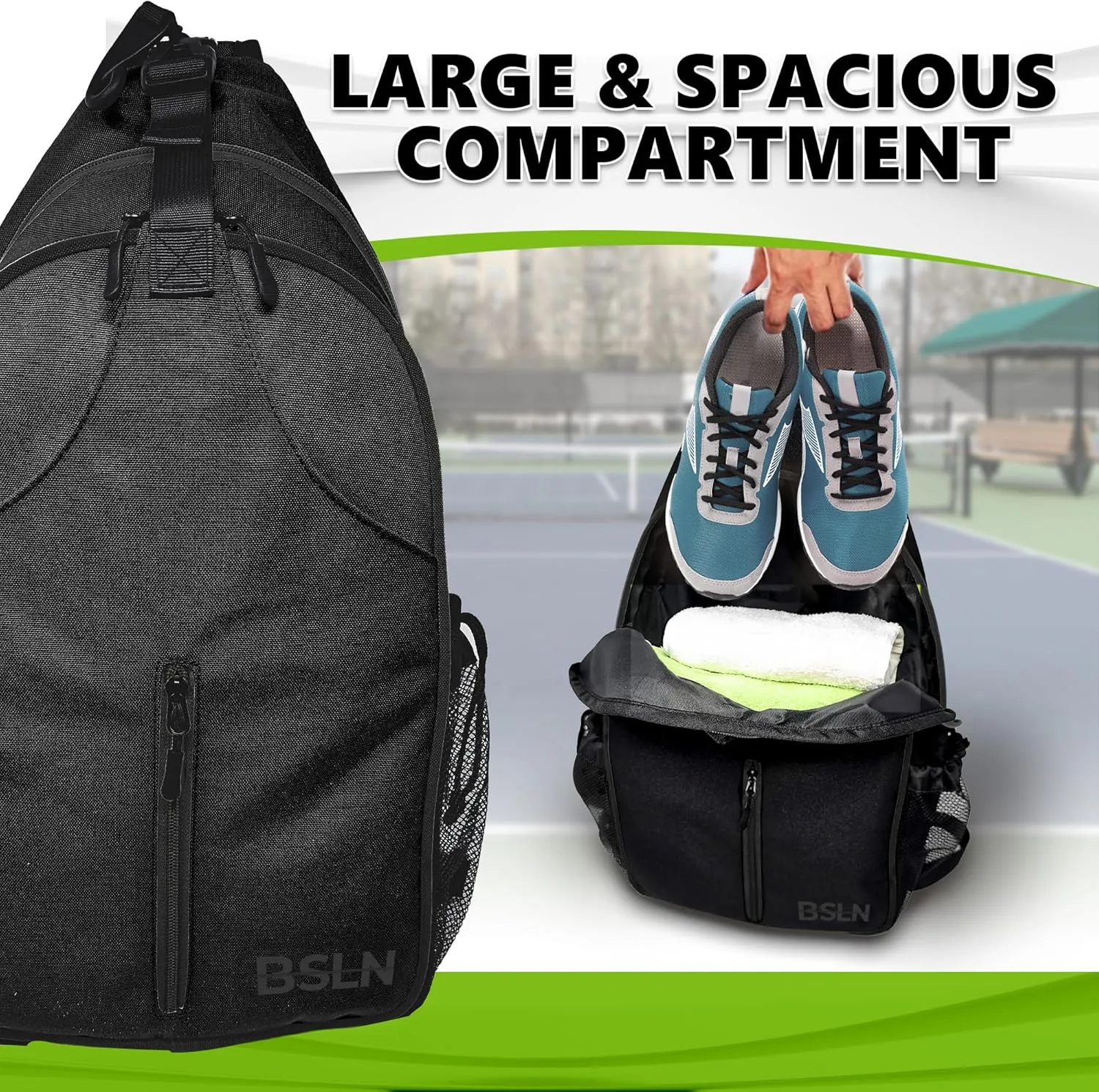 Pickleball Bag - Pickleball Bags for Women Men, Crossbody Sports Backpack – Adjustable Sling Bag with Hanging Fence Hook