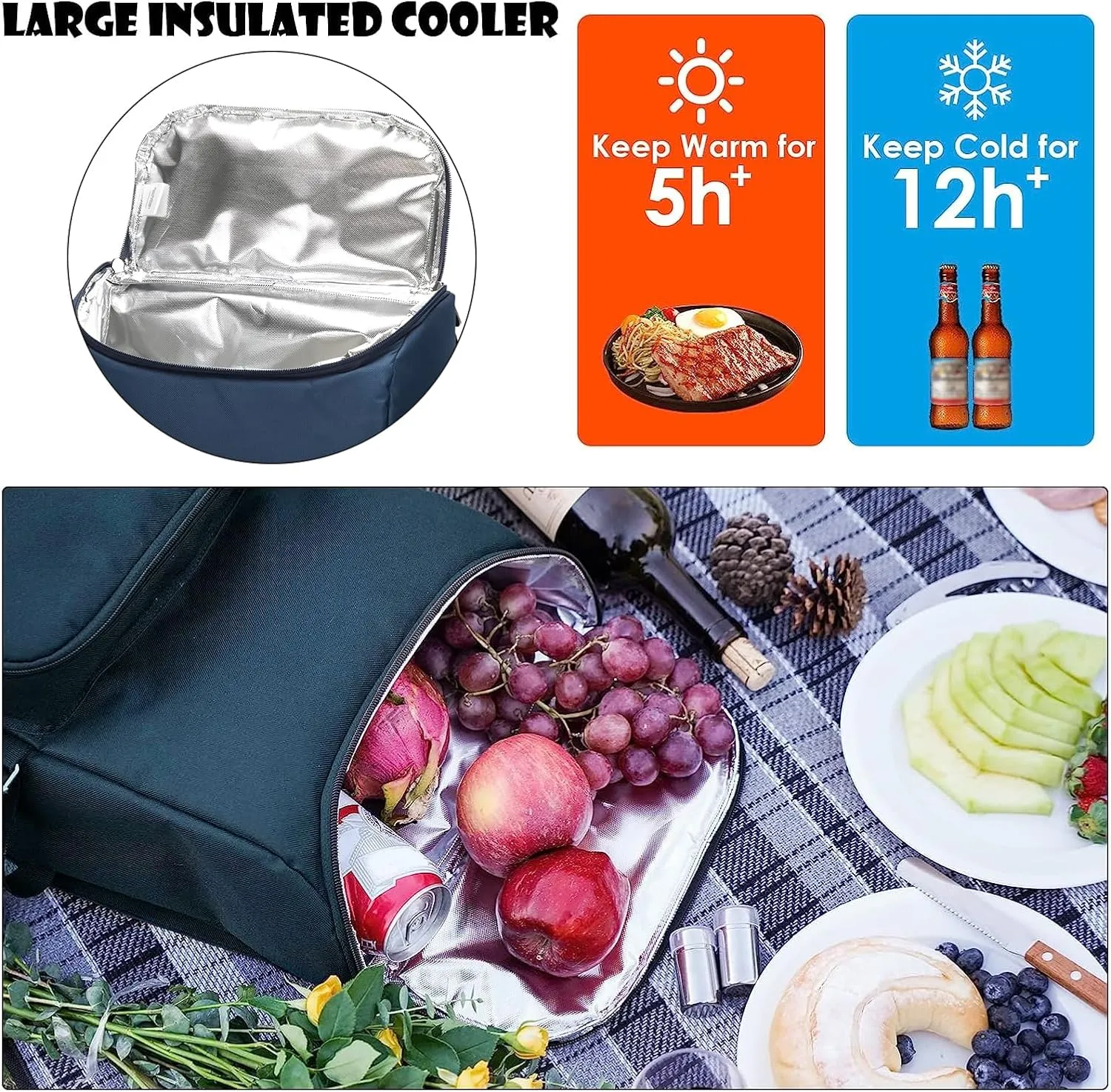 Picnic Backpack for 2 Person with Large Insulated Cooler Bag, Picnic Basket Set with Wine Pouch, Waterproof Picnic Blanket & Cutlery Set. Perfect for, Camping, Party,Wedding Gift for Couple,Blue
