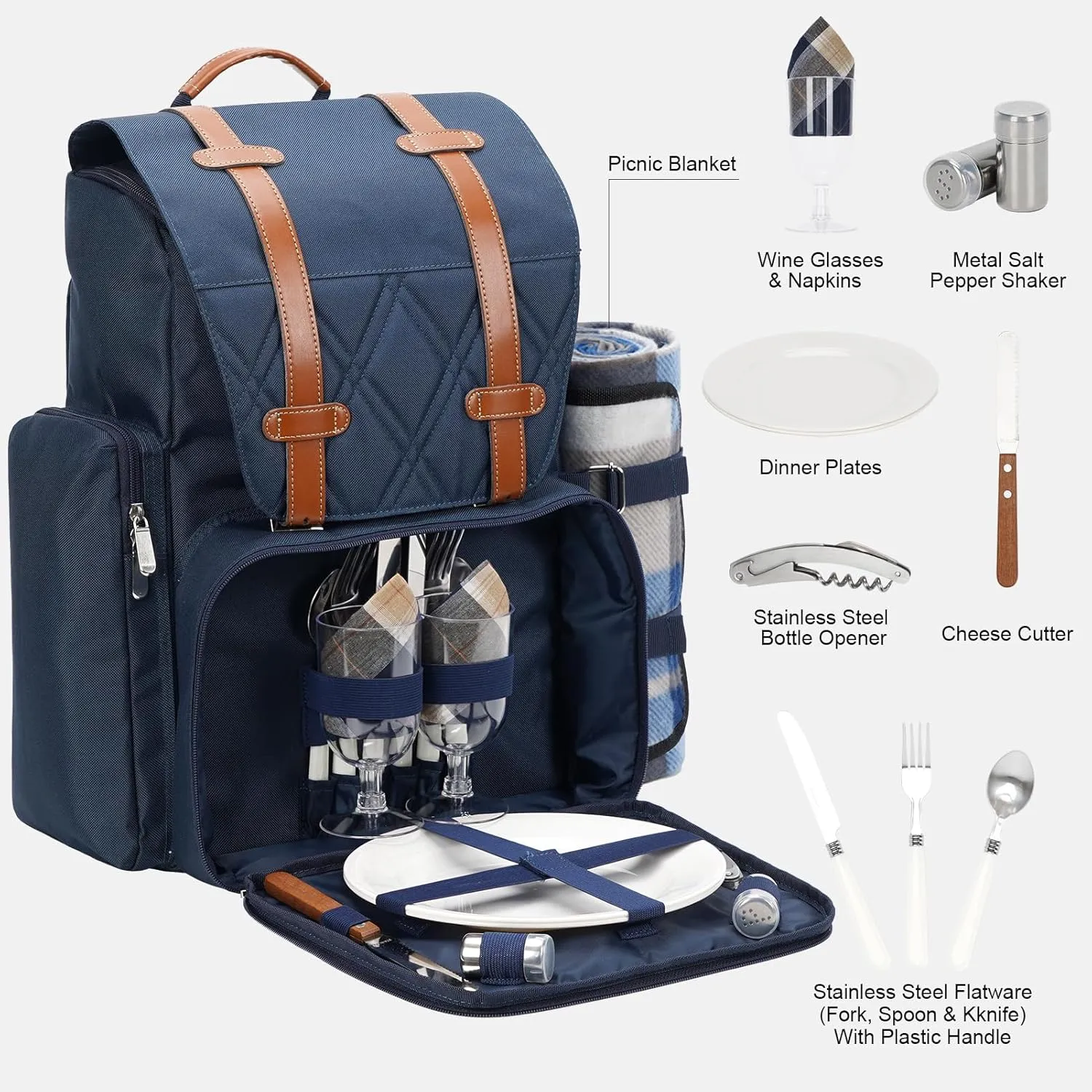 Picnic Backpack for 2 Person with Large Insulated Cooler Bag, Picnic Basket Set with Wine Pouch, Waterproof Picnic Blanket & Cutlery Set. Perfect for, Camping, Party,Wedding Gift for Couple,Blue