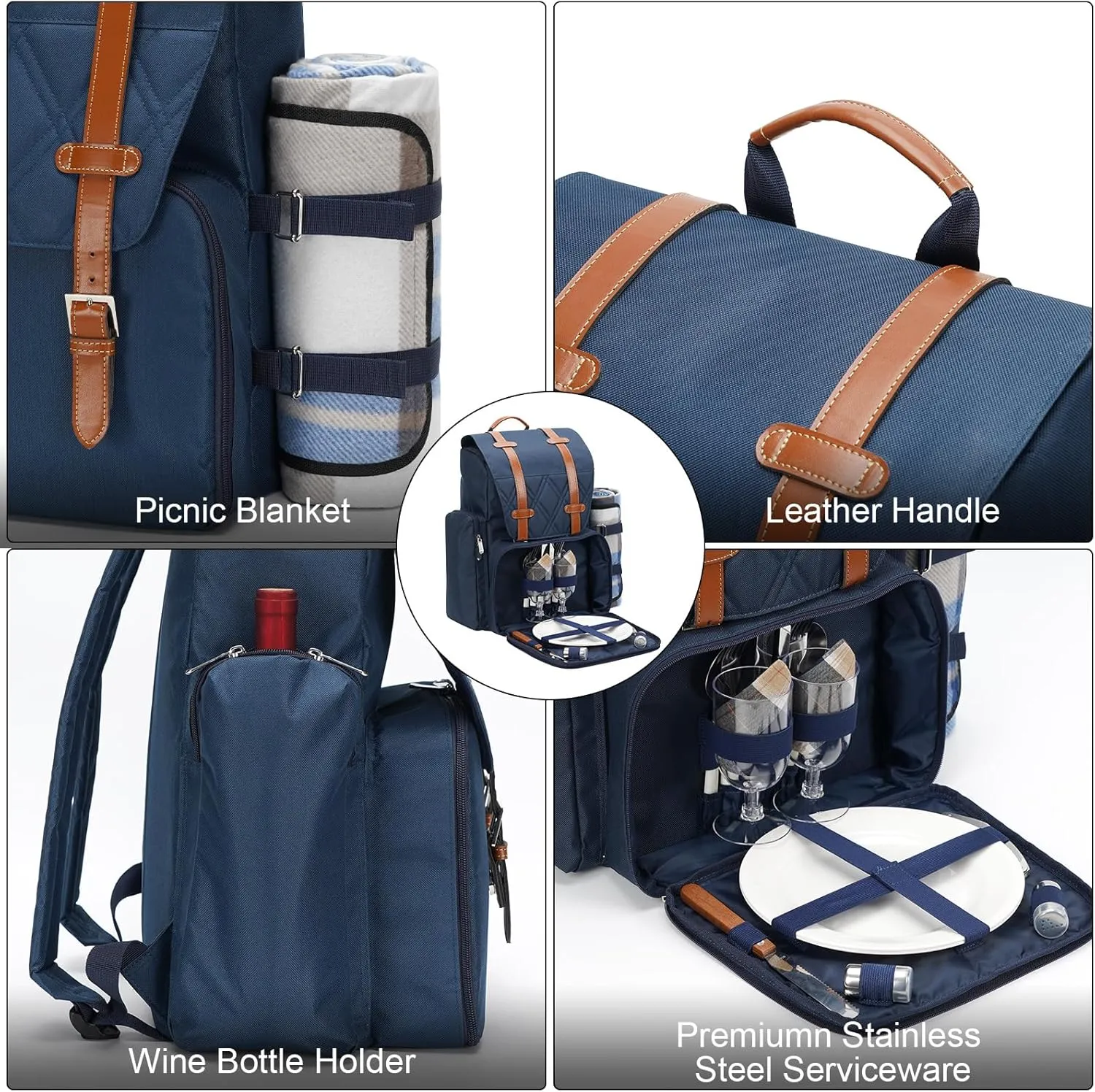 Picnic Backpack for 2 Person with Large Insulated Cooler Bag, Picnic Basket Set with Wine Pouch, Waterproof Picnic Blanket & Cutlery Set. Perfect for, Camping, Party,Wedding Gift for Couple,Blue