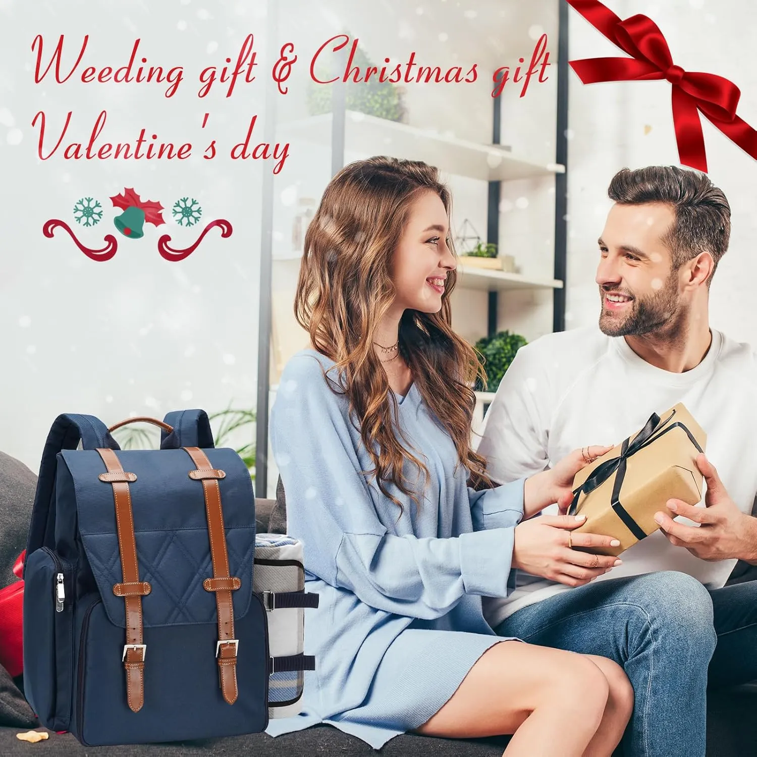 Picnic Backpack for 2 Person with Large Insulated Cooler Bag, Picnic Basket Set with Wine Pouch, Waterproof Picnic Blanket & Cutlery Set. Perfect for, Camping, Party,Wedding Gift for Couple,Blue