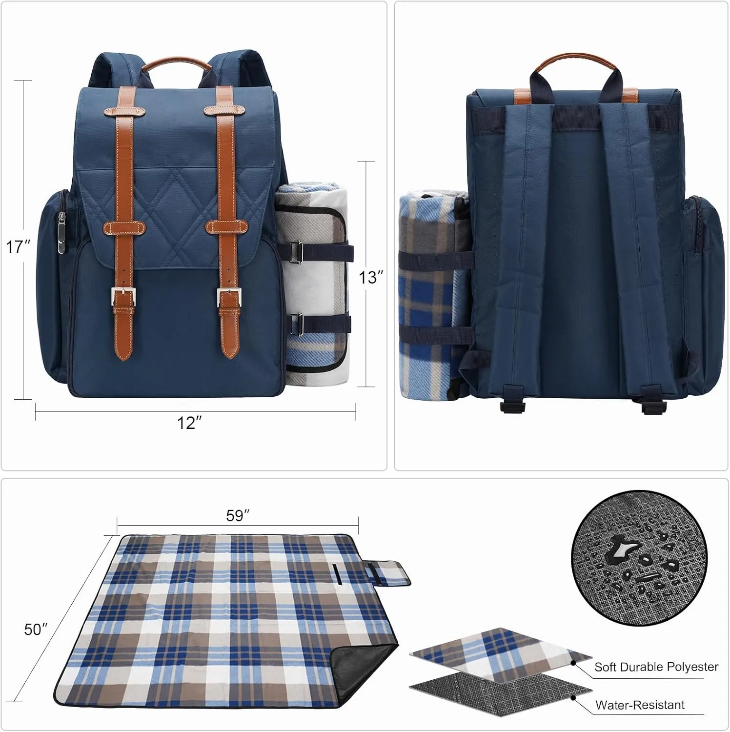 Picnic Backpack for 2 Person with Large Insulated Cooler Bag, Picnic Basket Set with Wine Pouch, Waterproof Picnic Blanket & Cutlery Set. Perfect for, Camping, Party,Wedding Gift for Couple,Blue