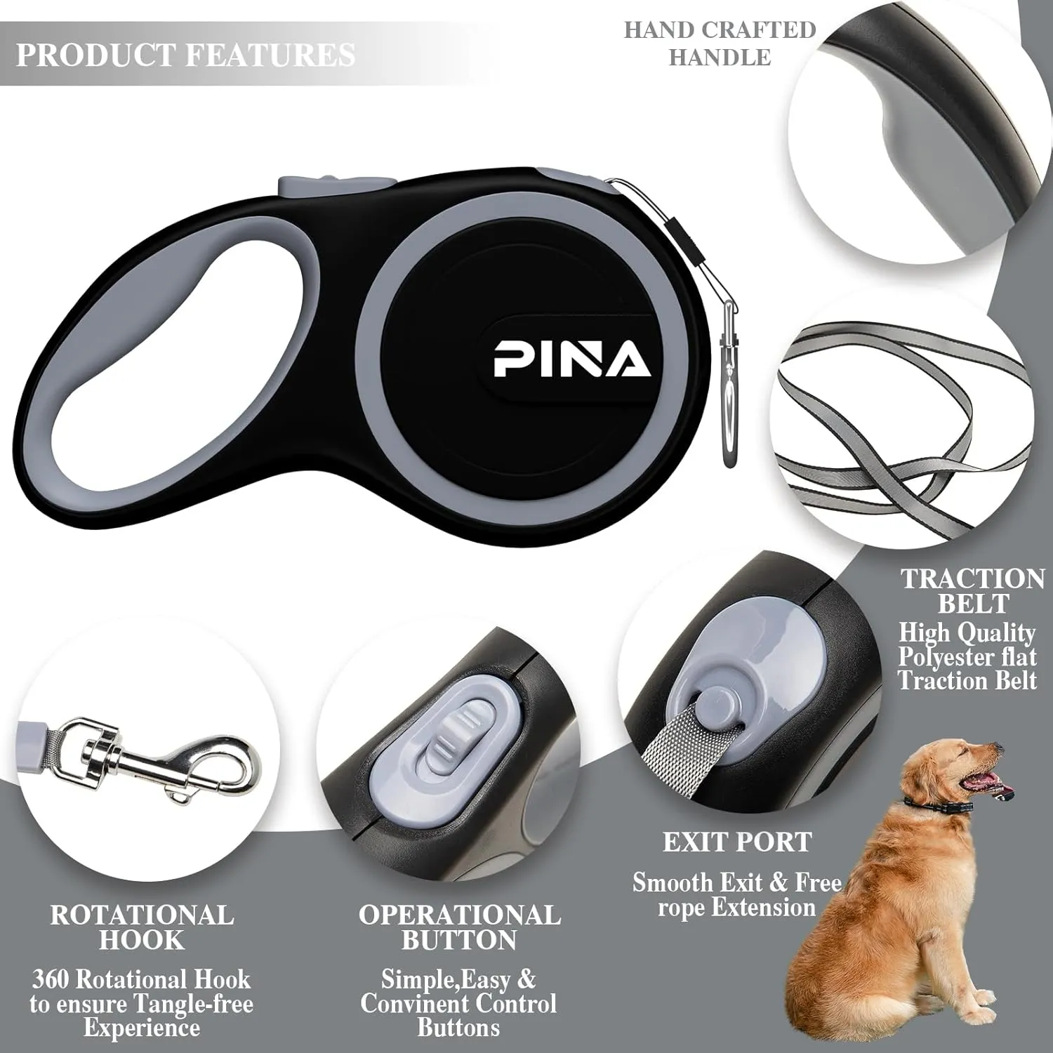 PINA Retractable Dog Leash, 26ft Dog Leash for Small Medium Large Dogs Up to 110lbs, 360° Tangle-Free Strong Reflective Nylon Tape, with Anti-Slip Handle, One-Handed Brake, Lock - 2PACK