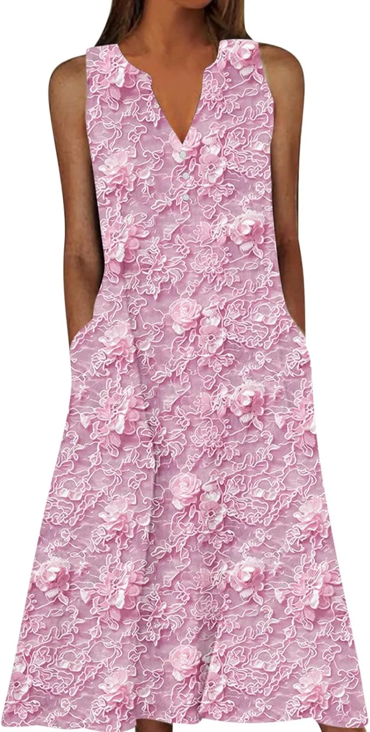 Plus Size 3D Printed Boho Midi Dress Women Sleeveless V Neck Flowy Tank Dresses Summer Casual Beach A-Line Sundress