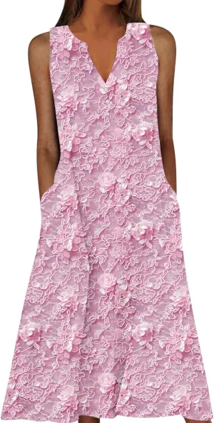 Plus Size 3D Printed Boho Midi Dress Women Sleeveless V Neck Flowy Tank Dresses Summer Casual Beach A-Line Sundress