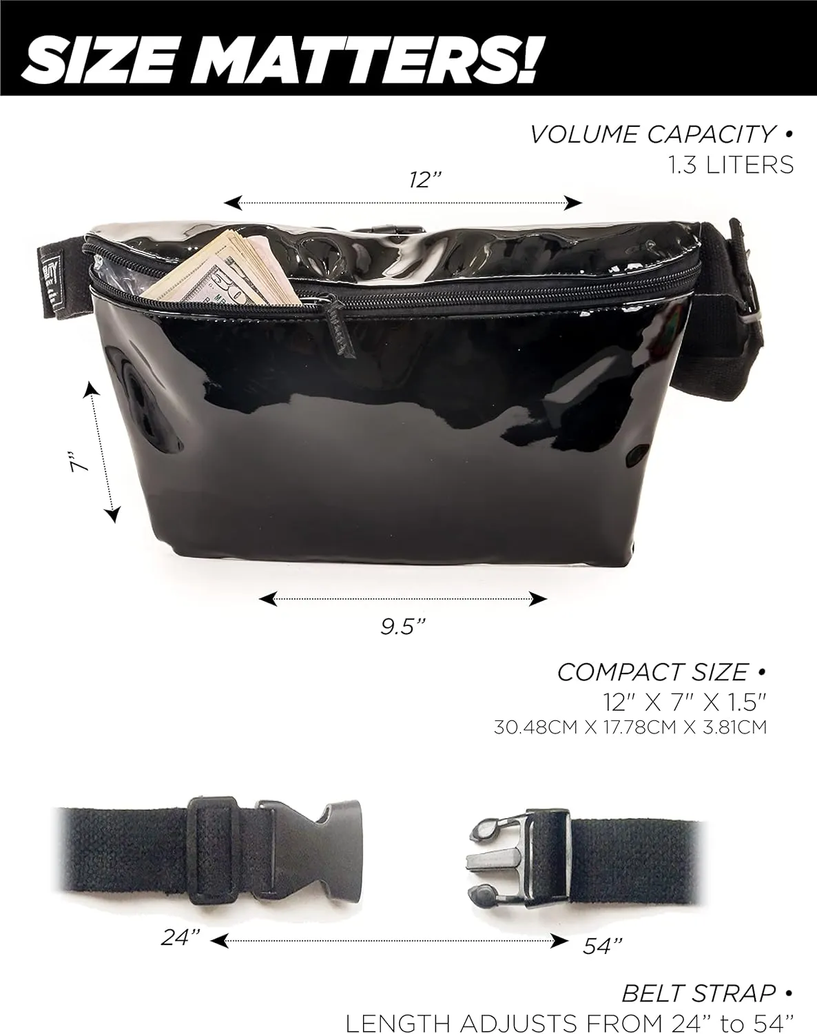 Plus Size Fanny Packs for Women – 80s/90s Large Bum Bag – Unisex Crossbody Waist Belt Bag for Travel, Festivals, Sports & Daily Use – Waist Belt Bag for Women | Patent Black