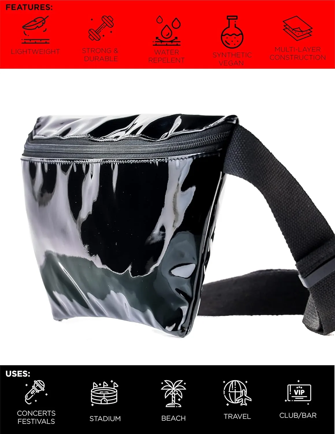 Plus Size Fanny Packs for Women – 80s/90s Large Bum Bag – Unisex Crossbody Waist Belt Bag for Travel, Festivals, Sports & Daily Use – Waist Belt Bag for Women | Patent Black